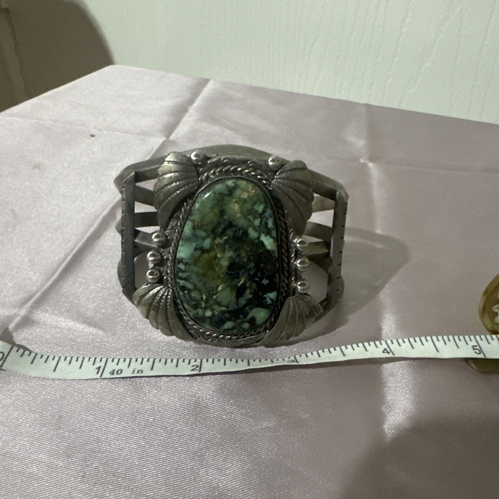 Lewellen Large Native Sterling Silver Cuff Bracelet Big Center Turquoise Flower